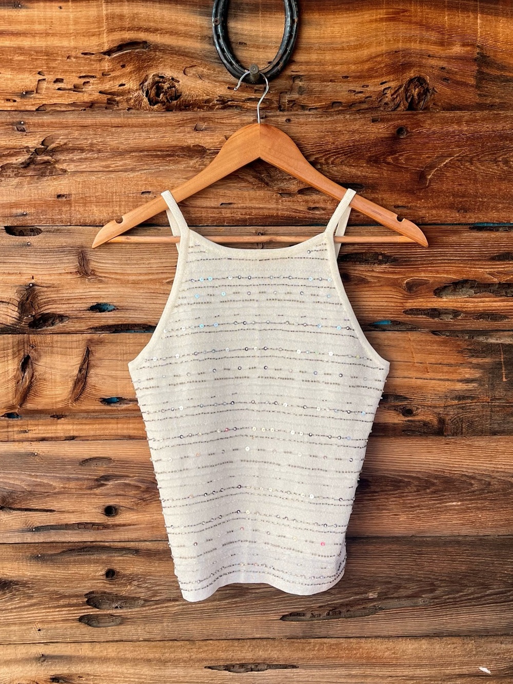 ANN TAYLOR | Vintage 90s Y2K Sparkle Stripe Cream Halter Tank Top S